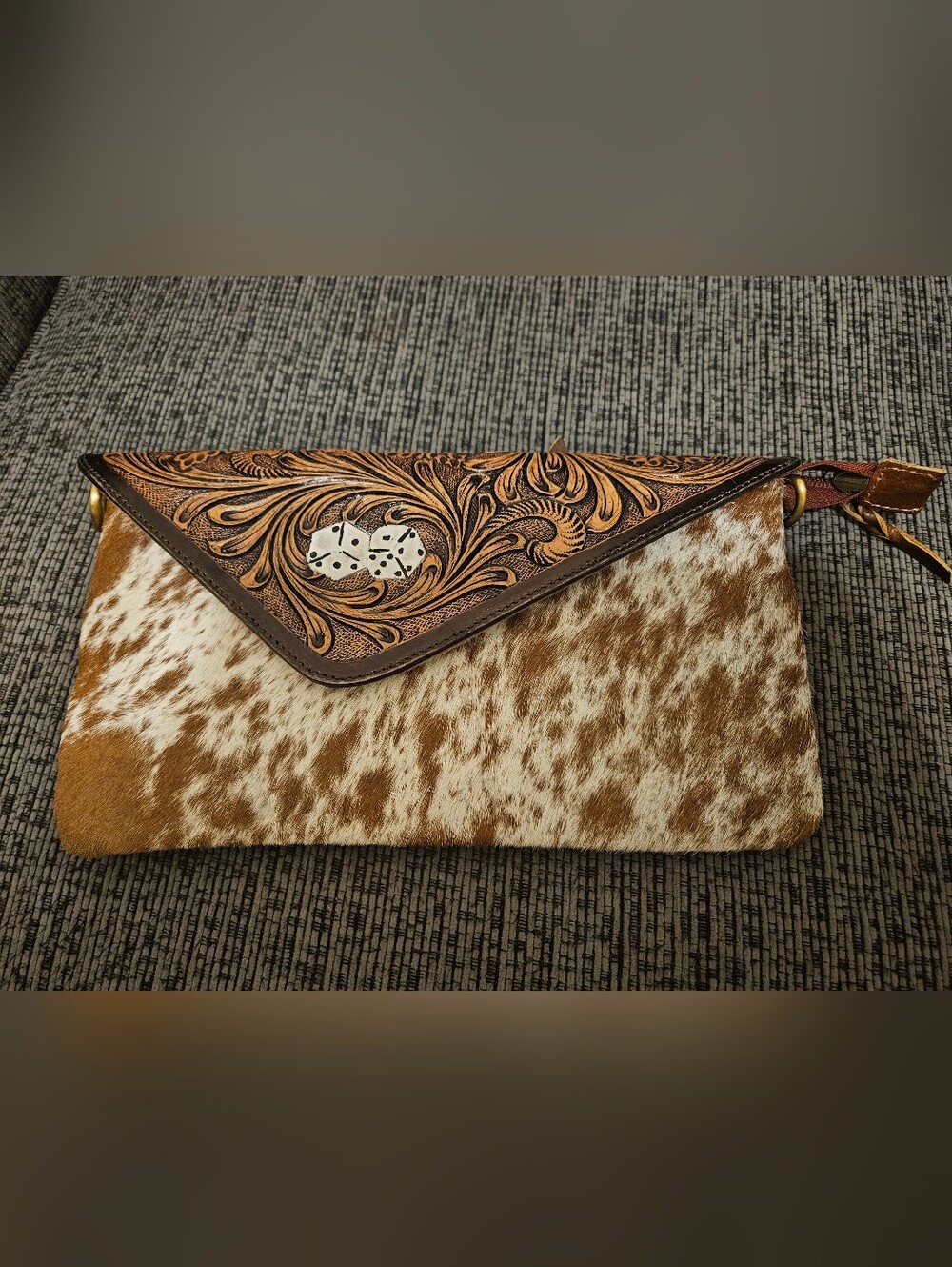 Tooled Leather & Cowhide Clutch with Dice